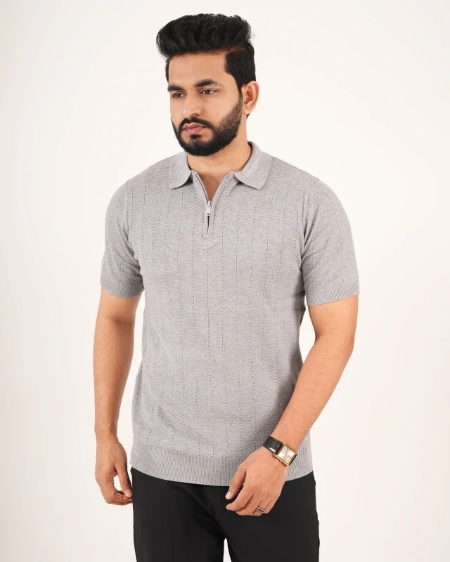 Premium Half Zipper Knit Structured Polo - Platinum Grey