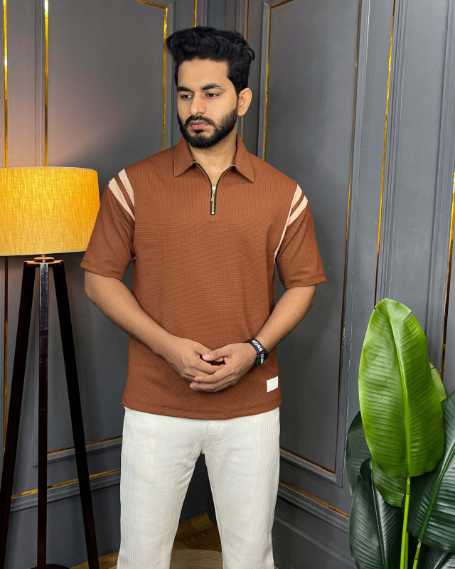 Premium Quality Half Zipper Baggy Polo - Terracotta Brick