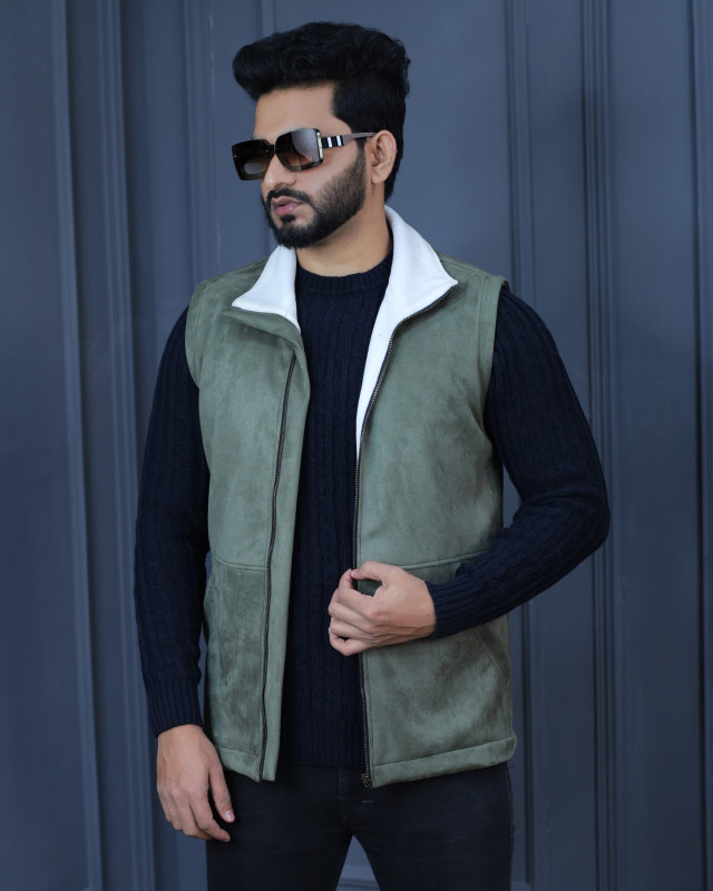 Premium Quality Suede Leather Half Jacket Witth Sherfa  -  Olive