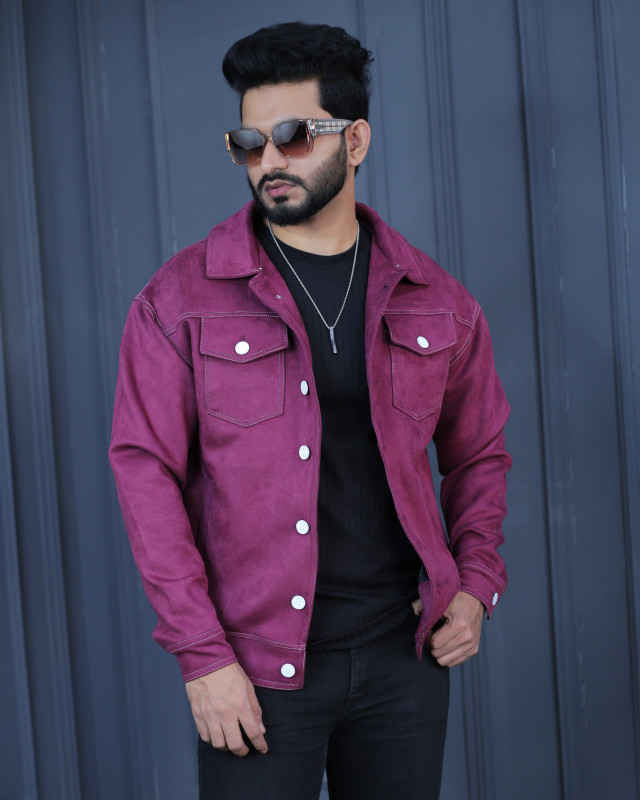 Premium Quality Suede Leather Trucker Jacket - Magenta Maroon