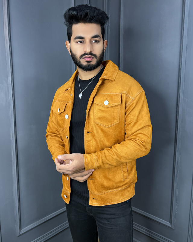 Premium Quality Suede Leather Trucker Jacket - Mustard