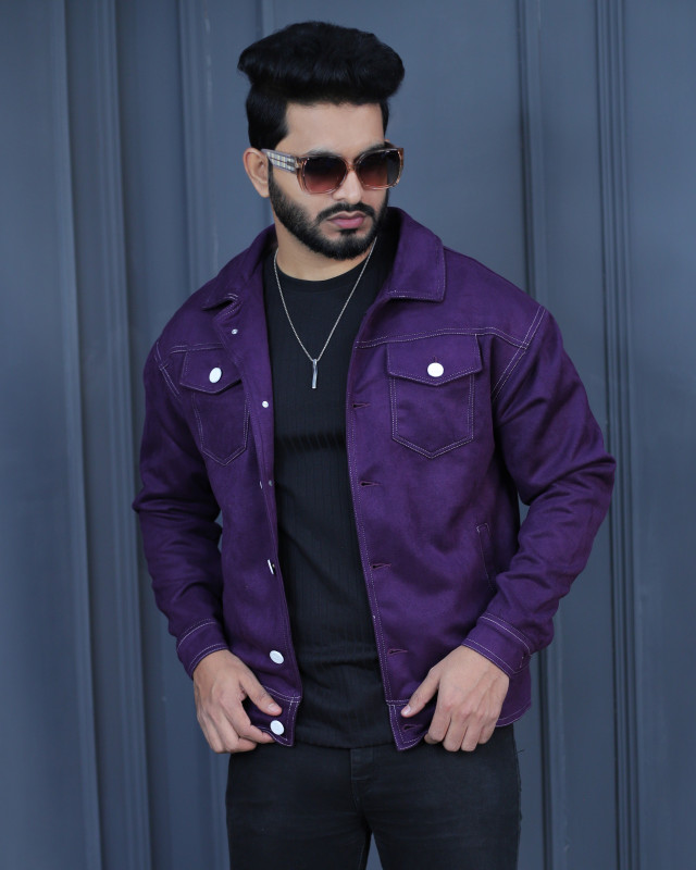 Premium Quality Suede Leather Trucker Jacket - Purple