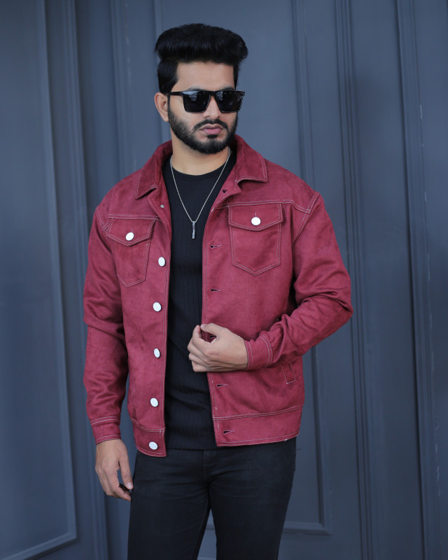 Premium Quality Suede Leather Trucker Jacket - Wine Red