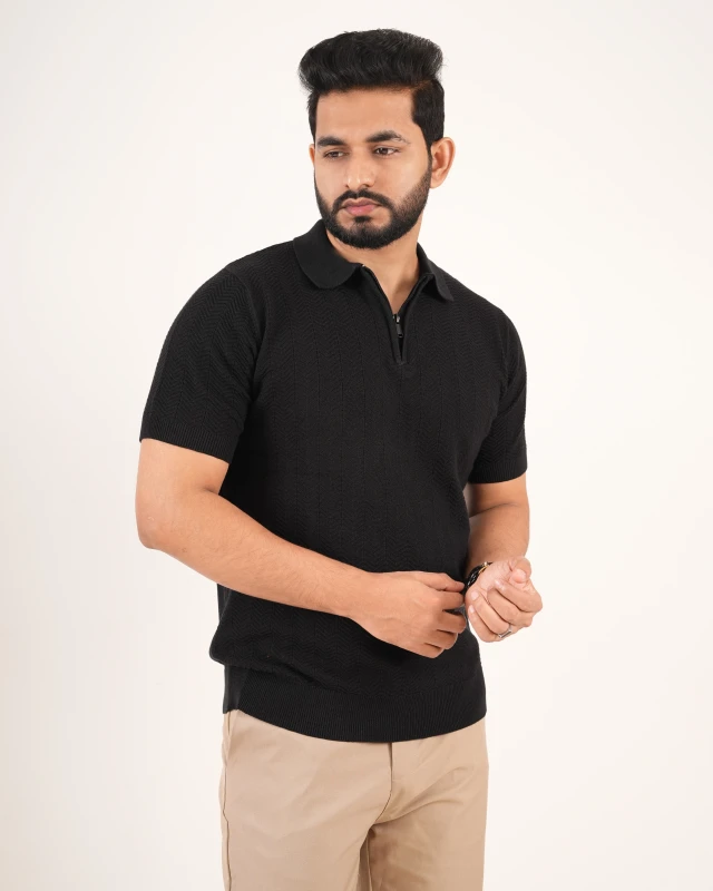 Premium Half Zipper Knit Structured Polo - Phantom Black
