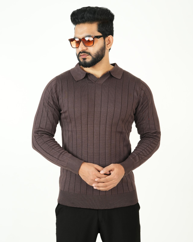 Premium Old Money Full Sleeve Textured Knit Polo - Coffee