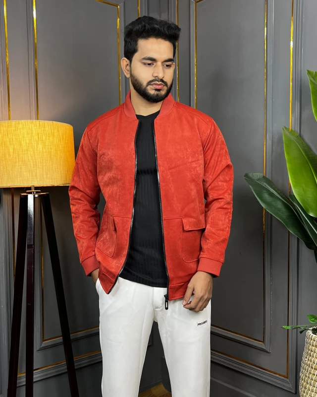 Premium Stylish Suede-Feel Zipper Bomber Jacket - Brick Red