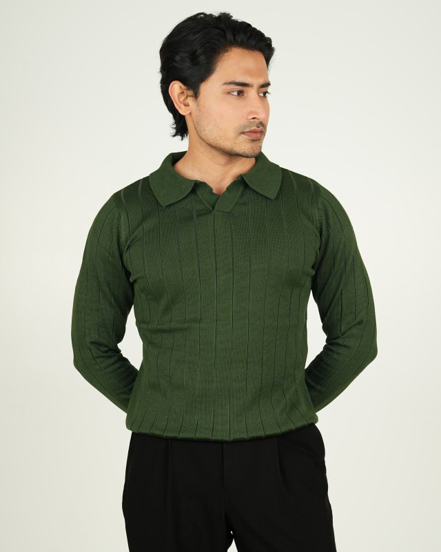 Premium Old Money Full Sleeve Textured Knit Polo - Bottle Green