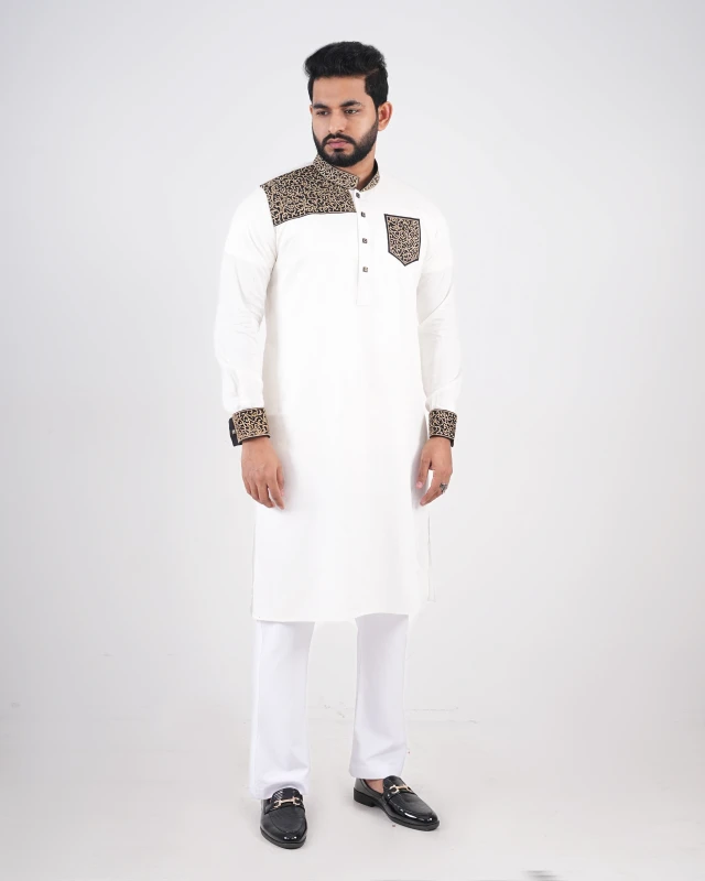 Premium Embroidery Design Panjabi - White