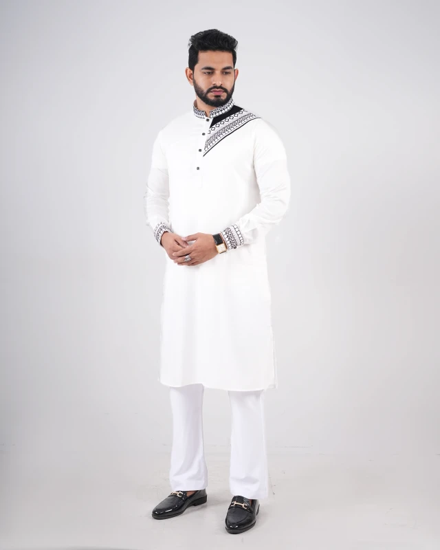 Premium Embroidery Design Panjabi - White
