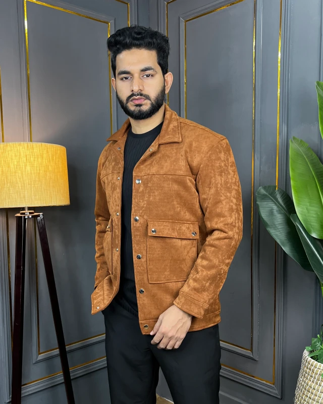 Premium Quality Soft Suede Trucker Jacket - Camel Brown