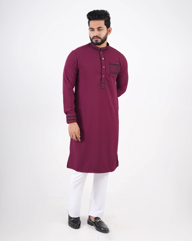 Premium Embroidery Design Panjabi - Wine Maroon