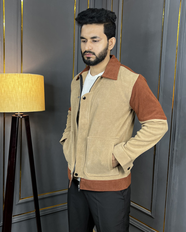 Premium Quality Contrast Corduroy Zipper Jacket - Beige