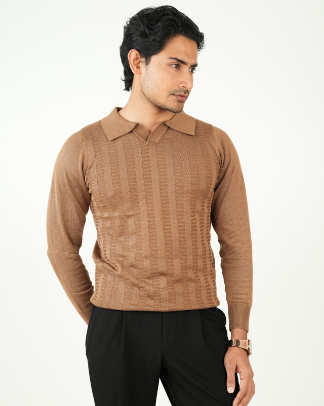 Premium Old Money Full Sleeve Textured Knit Polo - Brown