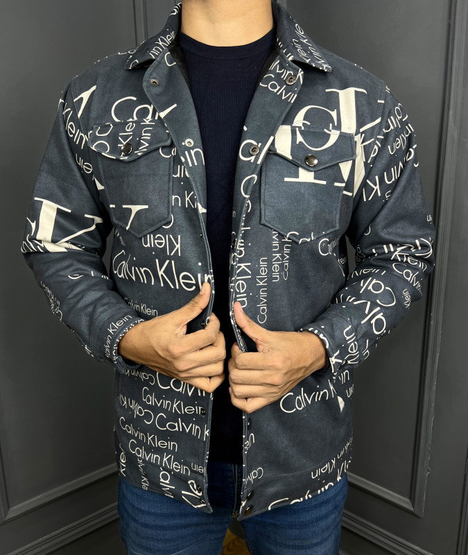 Premium Quality Suede Leather Lettering CK Trucker Jacket - Navy