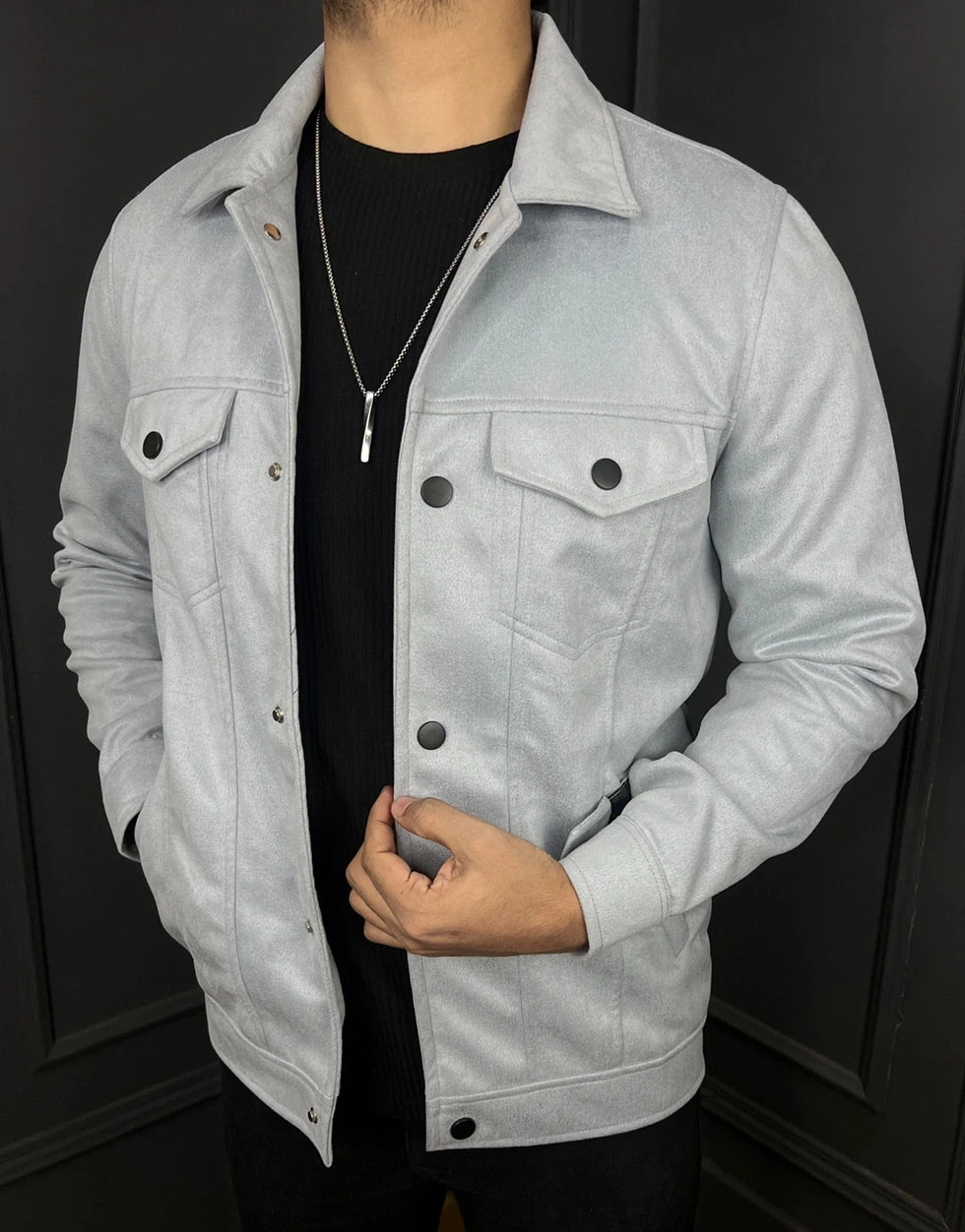 Premium Quality Suede Leather Trucker Jacket - Blue Ash