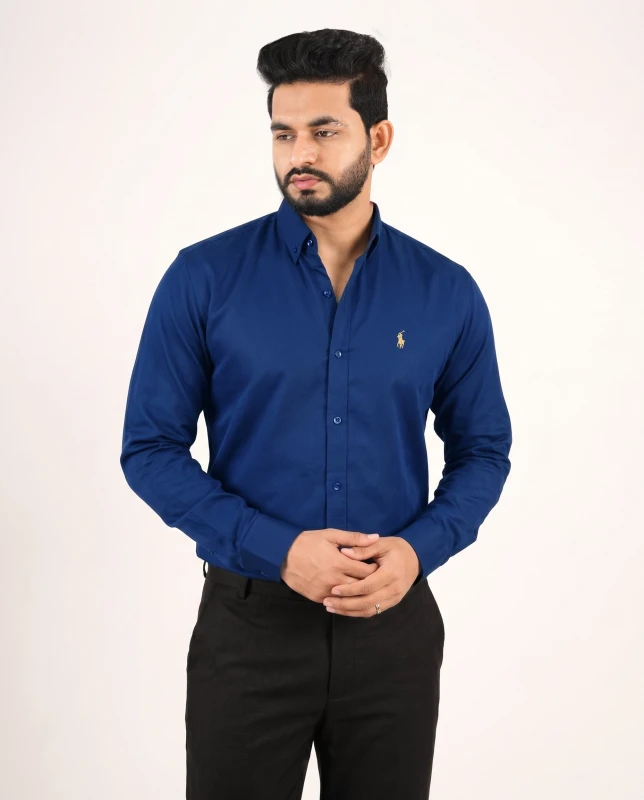 Premium Button-Down Collar Solid Color Cotton Formal Shirt - Electric Royal Blue