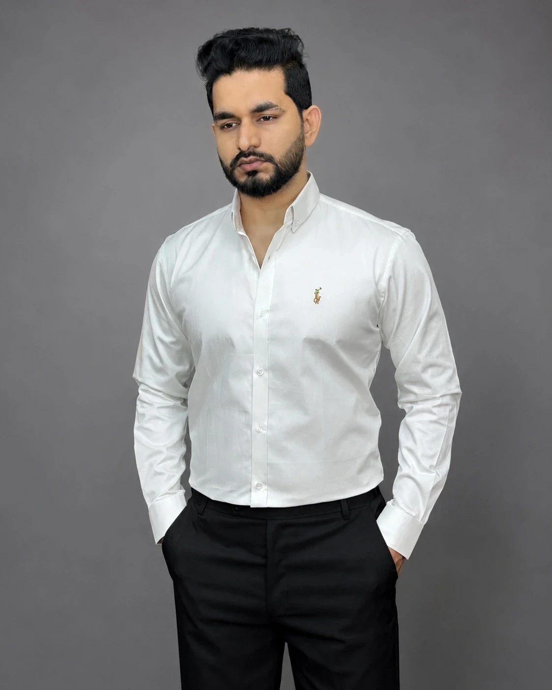 Premium Button-Down Collar Solid Color Cotton Formal Shirt - White
