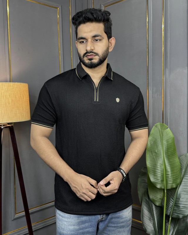 Premium Knit Structured Half Zipper Polo - Black