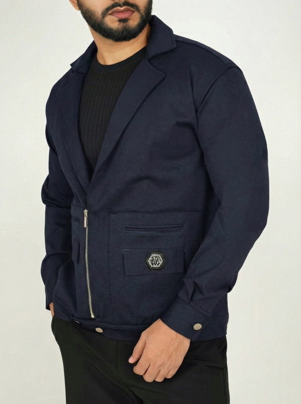 Premium Stylish Hybrid Blazer – Zipper & Snap Button Design - Navy Blue
