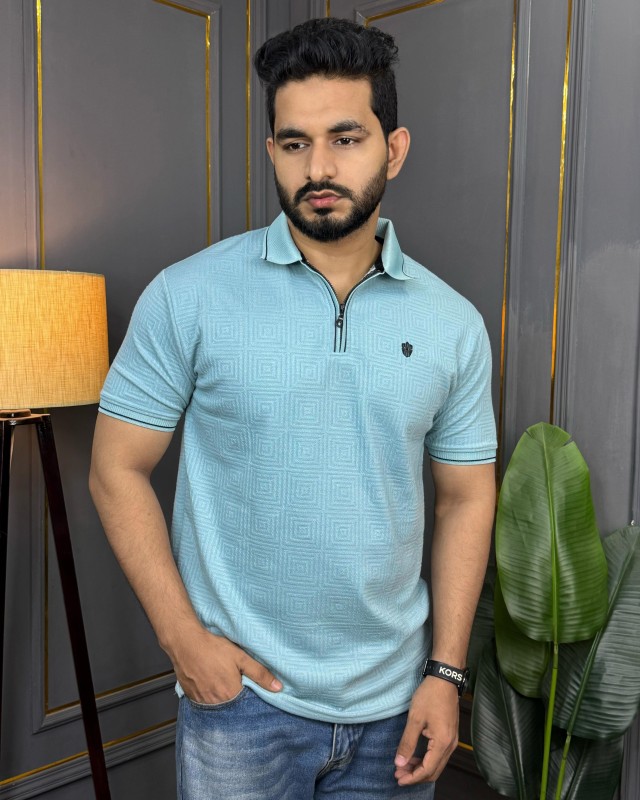 Premium Knit Structured Half Zipper Polo - Ice Blue